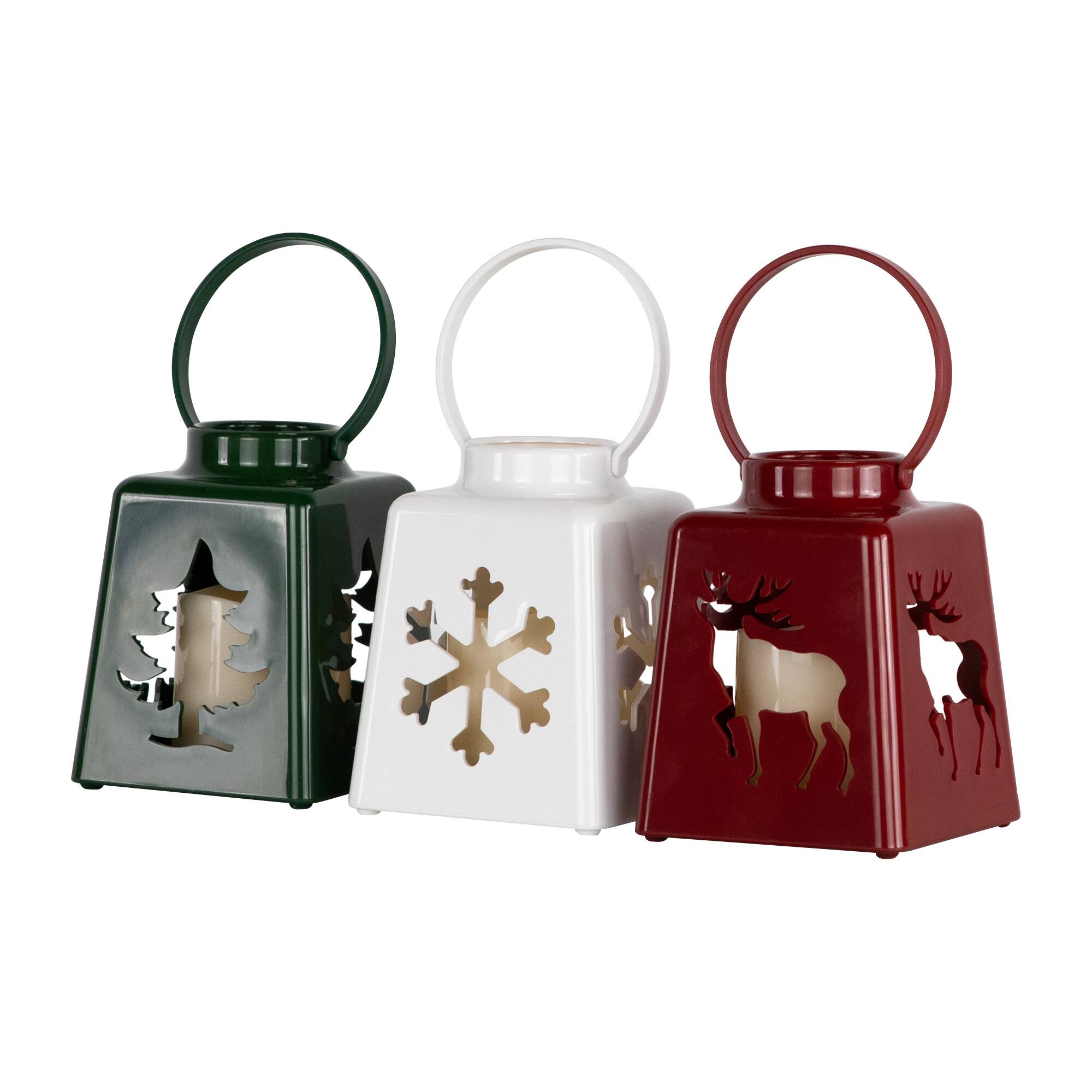 LED Lighted Tree Snowflake and Reindeer Christmas Candle Lanterns - 8" - Set of 3